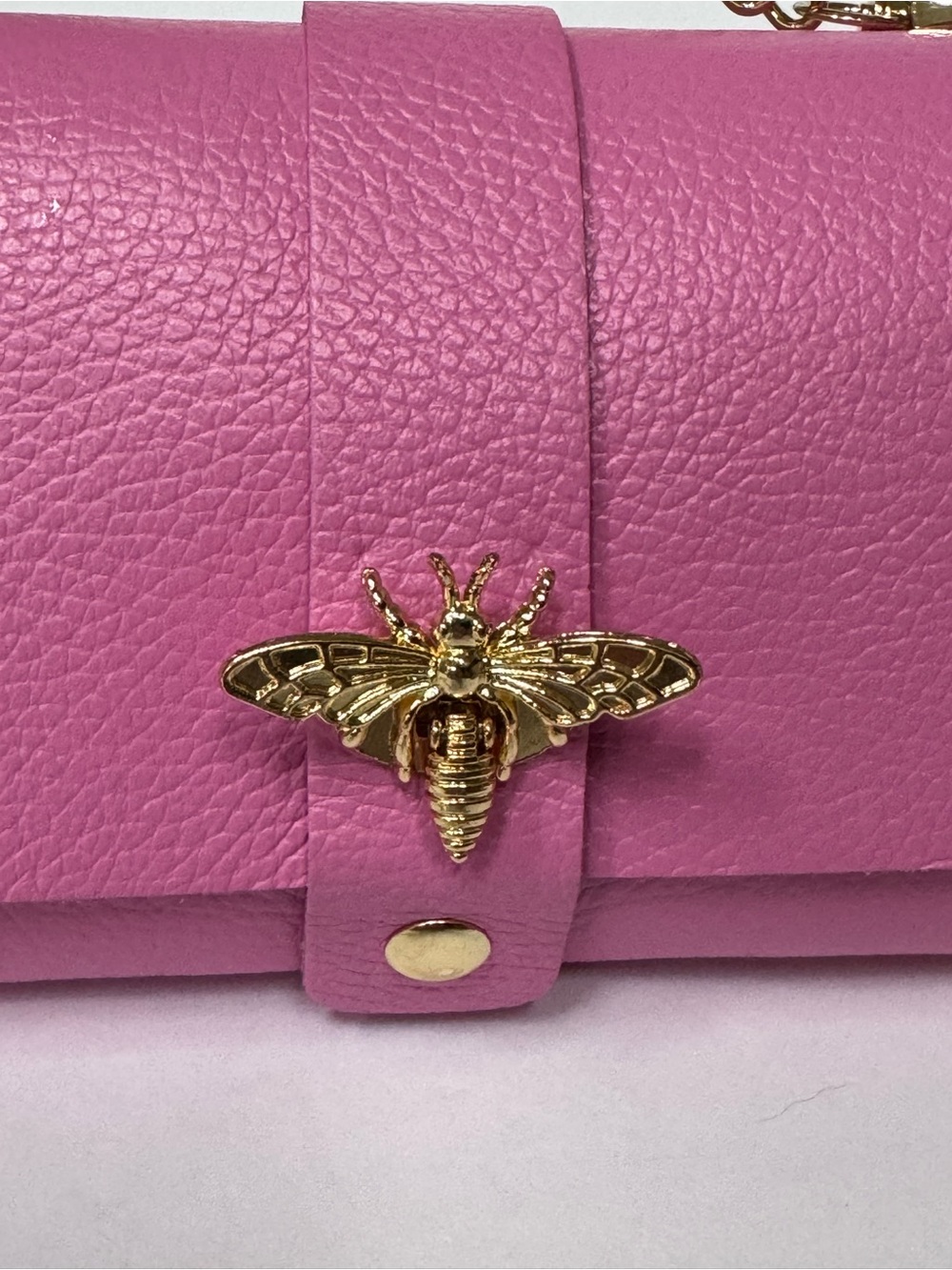 Vera Pelle Italy Pink Leather Crossbody or Clutch with Gold Bee Accent. NWOT - Picture 2 of 6